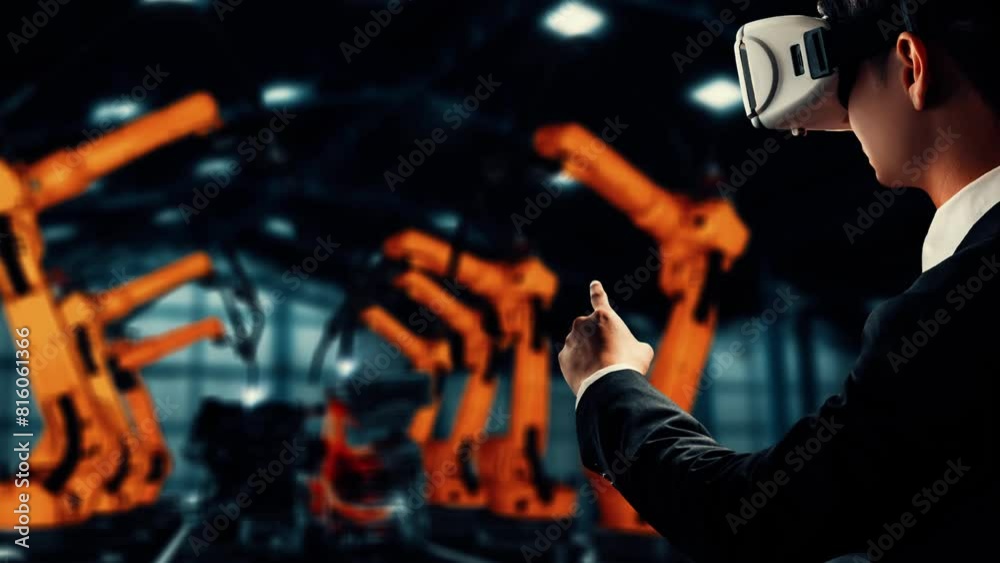 Poster mlp engineer use cybernated robotic software to control industry robot arm in factory. automation ma