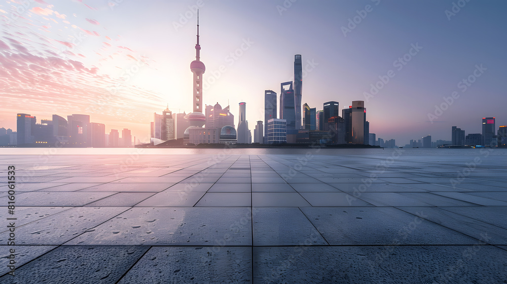 Poster Empty square floor and city skyline with buildings in Shanghai at sunset China : Generative AI