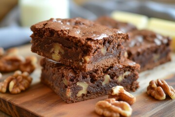 Close-up of freshly baked walnut brownies stacked on a rustic wooden cutting board