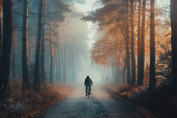 A man is riding a bicycle down a road in a forest - Powered by Adobe