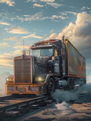 Truck on the road at sunset. 3d rendering and illustration.