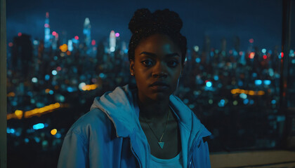 Fototapeta premium photo of beautiful adult african woman standing posing for picture at night future city in background, generative AI
