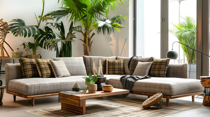 Modern interior of open space with design modular sofa furniture wooden coffee tables plaid pillows tropical plants and elegant personal accessories in stylish home decor Neutral livin : Generative AI
