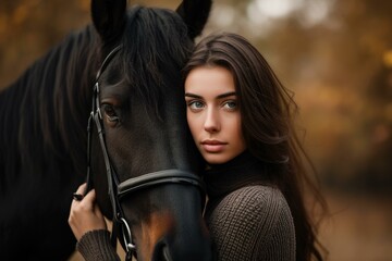 Obraz premium Close-up of a pensive young woman embracing a black horse amidst autumn foliage