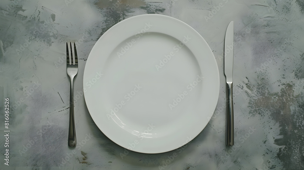 Leinwandbilder an empty white plate with a fork and a knife overhead flat lay shot on a slate background the concep