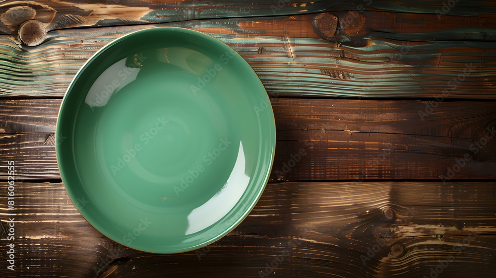 Leinwandbilder top view of empty green plate on wooden background empty space for your design : generative ai