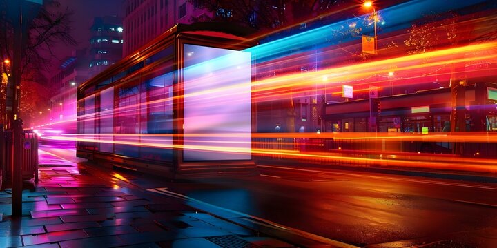Night city bus stop with blank white billboard for advertising mockup. Concept Cityscape, Bus stop, Nighttime, Blank billboard, Advertising mockup