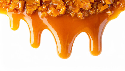 Caramel candies with caramel sauce isolated on a white background