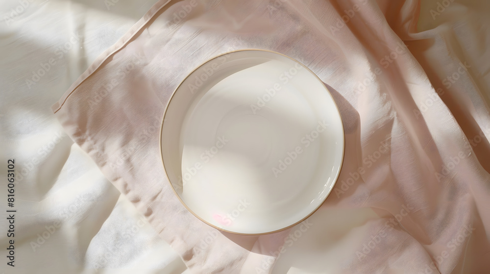 Fototapete Top view on colored background empty round white plate on tablecloth for food Empty dish on napkin with space for your design : Generative AI