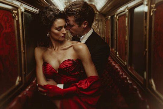 Passionate embrace of a couple in red and black within a luxurious train carriage.