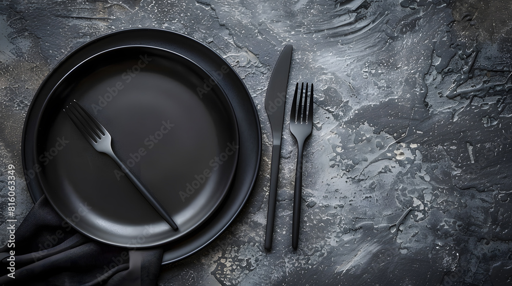 Leinwandbilder black empty plate cutlery and napkin on a stone table top view table setting : generative ai