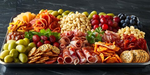 Diverse charcuterie board with an array of gourmet snacks. Concept Charcuterie Board, Gourmet Snacks, Diverse Selection, Artisanal Products, Delicious Spread