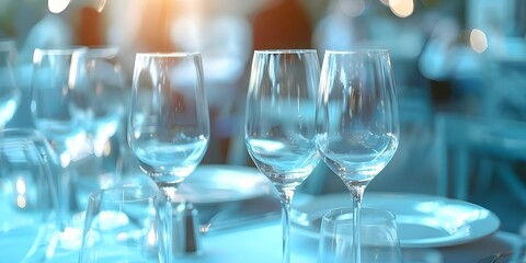 Empty wine glasses on a restaurant table in a fine dining setup. Concept Fine Dining, Restaurant Table, Wine Glasses, Elegant Setup, Empty Glasses