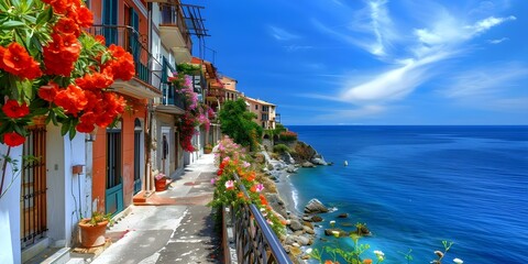 Scenic Italian coastal town with terraced houses flowers and Mediterranean charm. Concept Travel Photography, Italian Architecture, Coastal Landscapes, Terraced Houses, Mediterranean Florals
