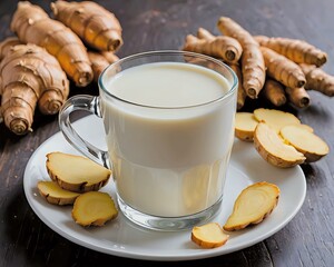A cup of ginger milk with some ginger on the table