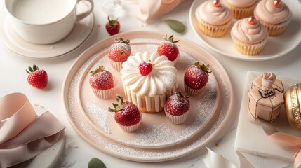 Festive pie holiday flat top view, with red strawberry dessert