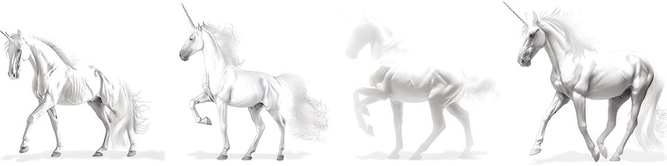 Obraz na płótnie Canvas 4 different white unicorns, realistic style, full bodies, different poses, white background, hyper detailed in the style of different artists