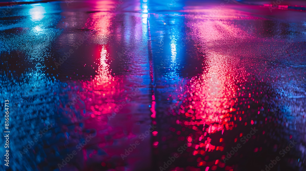 Poster Wet asphalt night view neon reflection on the concrete floor Night empty stage studio Dark abstract background Product Showcase Spotlight Background : Generative AI
