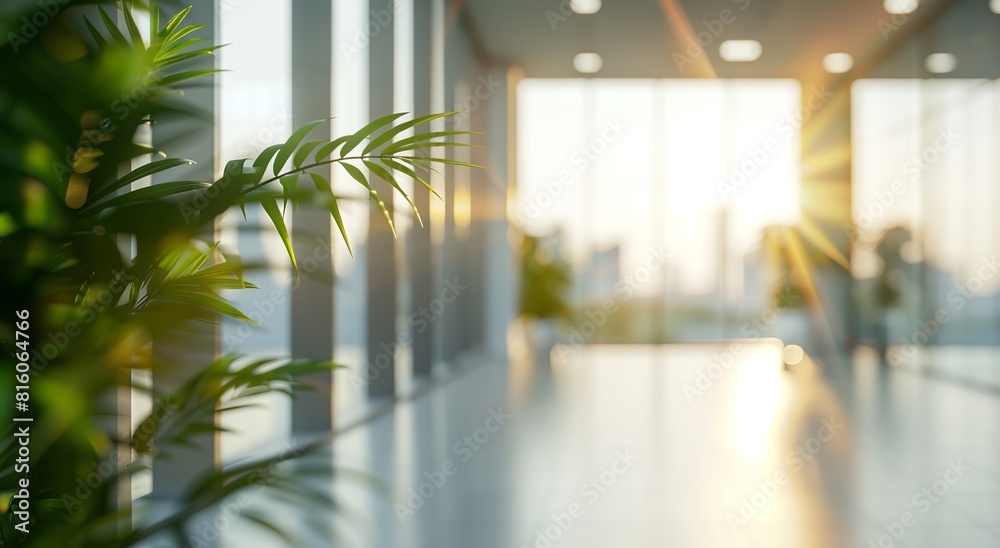 Sticker An eye-catching image of fresh green leaves basking in the sunlight with a blurred office background, symbolizing growth