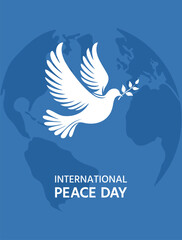 International Day of Peace postcard. A dove with an olive branch in its beak on the Earth globe background, flat vector illustration