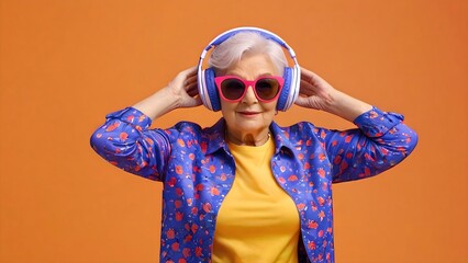 Senior woman in colorful outfit and sunglasses, grooving to music, wearing sunglasses and headphones, isolated on orange background