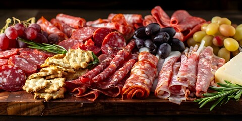 Fototapeta premium Elevated charcuterie experience featuring premium meats and cheeses. Concept Charcuterie Styling, Gourmet Meats, Artisan Cheeses, Elegant Display, Premium Toppings
