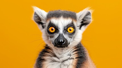 Naklejka premium A tight shot of a Lemur with intense yellow eyes gazing into the lens, conveying a grave expression