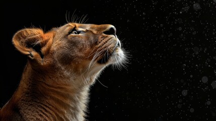  A tight shot of a lion's face, raindrops cascading from its back against a black backdrop