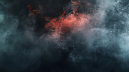 Background with dark smoke clouds in red light after explosion or natural disaster. Abstract banner for military operations, disasters, war games, ads with copy space. Battlefield under attack.