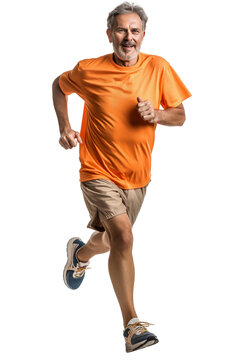 Senior Man Jogging in Orange Shirt and Beige Shorts