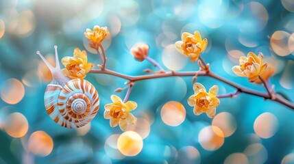  A tight shot of a flower and a snail on a branch against a softly blurred backdrop of distant, diffused light