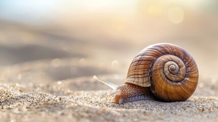  A tight shot of a snail on a sandy beach with the sun casting light behind Background subtly blurred - Powered by Adobe