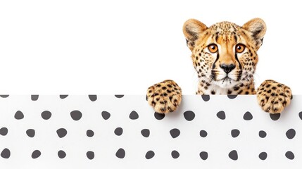  A tight shot of a cheetah gazing over a polka-dotted wall, paws poised atop a sign's edge