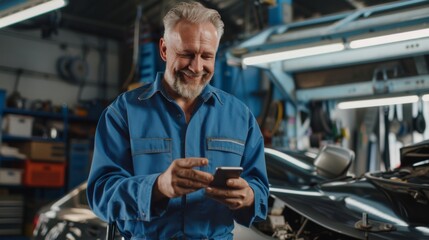 Fototapeta premium A Smiling Mechanic Using Smartphone