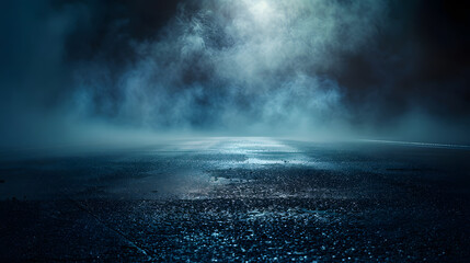 Dark street asphalt abstract dark blue background empty dark mountain range scene with smoke mist cold white float up for display products : Generative AI