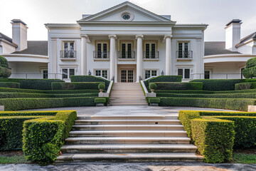 An elegant colonial-style residence with symmetrical architecture, a grand entrance staircase, and manicured hedges, exuding timeless sophistication against a solid white background.