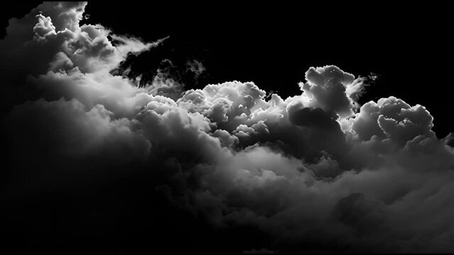 White storm clouds formations on black background. Cotton cloud cluster black sky background. Beautiful clouds green box ready to cut background. 4k video moody