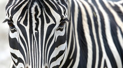  A tight shot of a zebra's face with a softly blurred backdrop of its head and neck