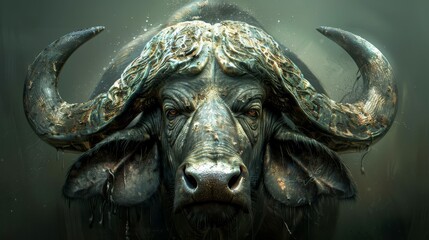  A digital painting of a bull's head featuring large horns atop and long horns extending from its temples