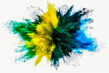 Colorful brazilian flag green yellow blue color holi paint powder explosion isolated white background. brazil rio de janeiro carnival qatar and celebration soccer travel tourism concept