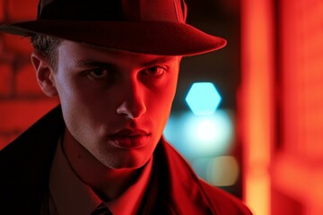 Close-up of a young man wearing a fedora hat, bathed in sultry red neon light