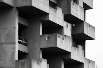 Exploring the stark and imposing nature of brutalist architecture in urban landscapes through monochromatic architectural photography. Capturing the dramatic contrast. Bold lines