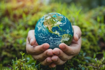 pair of hands gently holding small Earth globe,  protection for planet. background is blurred greenery, emphasizing environmental theme and importance of nurturing Earth. World Environment Day