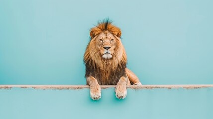  A lion perched atop a blue wall, paws balanced on the edge, gaze fixed on the camera