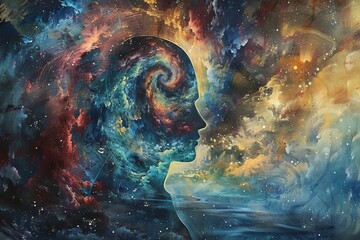 A painting of a person's head with a spiral in the background - Powered by Adobe