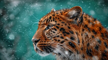  A tight shot of a leopard's face, poised in the snow, with a softly blurred backdrop