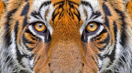  A tight shot of a tiger's orange and black-striped face with expressive yellow eyes