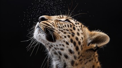  A close-up of a cheetah's face with its spray of air