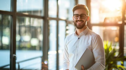 Obraz premium Smiling Professional Holding a Laptop