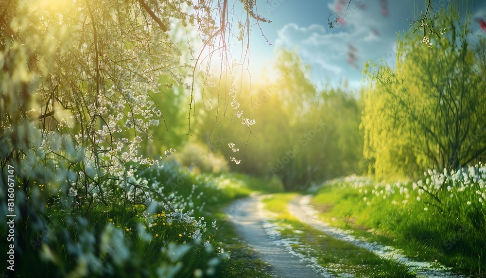 Poster A serene path lined with blooming trees and flowers bathed in the warm sunlight A picturesque representation of springtime renewal and growth